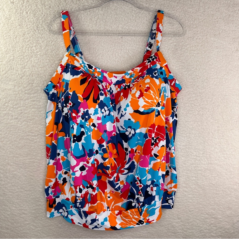 Lands' End Orange and Blue Graphic One Piece Tankini Swim Top Pads adj straps